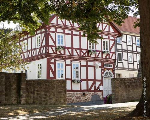 ein großes rotweißes Gebäude mit einem Baum in der Unterkunft Altstadthotel Treysa in Schwalmstadt