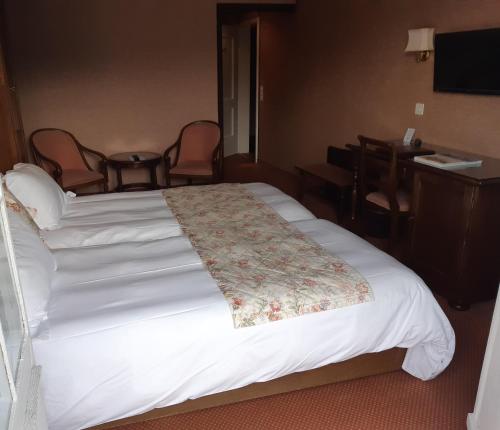 a bedroom with a large bed with chairs and a desk at Hotel Regina in Wengen