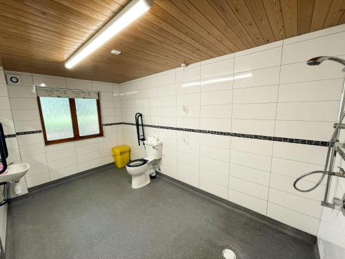 a bathroom with a toilet and a shower and a sink at Avon Tyrrell Outdoor Activity Centre in Bransgore