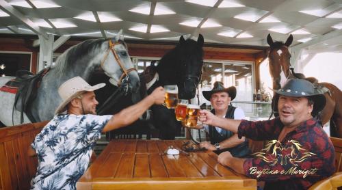 a group of men drinking beer at a table with a horse at Bujtina e Muriqit in Shkodër