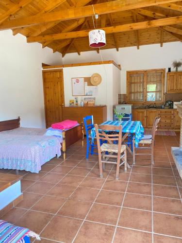 a room with a table and chairs and a kitchen at Velonas Beach mpakas country cottage in Prosílion