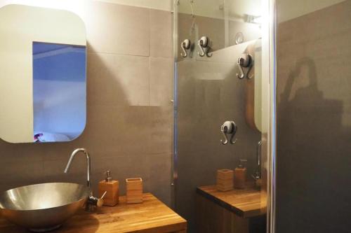 a bathroom with a bowl sink and a shower at Terraced House Saintes-Maries Near Beaches in Saintes-Maries-de-la-Mer