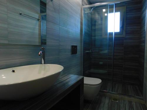 La salle de bains est pourvue d'un lavabo, de toilettes et d'une douche en verre. dans l'établissement AKTIS MAKRIGIALOS LUXURY APTS, à Makry Gialos