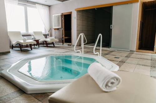 uma banheira de hidromassagem no meio de um quarto em Vila Bled em Bled