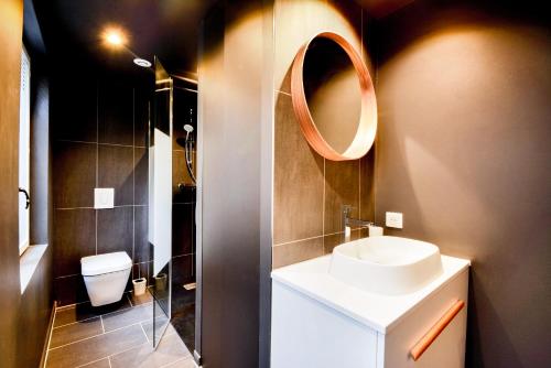 une salle de bain avec un lavabo, des toilettes et un miroir dans l'établissement Le Cachet de la Craffe - Au cœur de Nancy, à Nancy