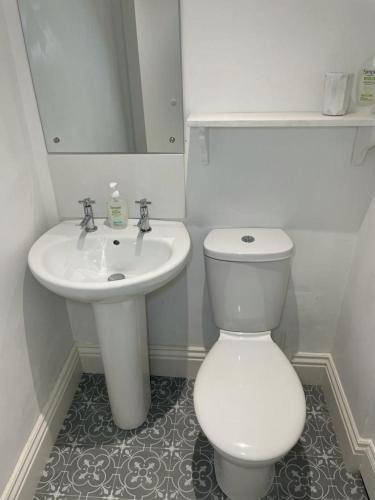 a bathroom with a white toilet and a sink at Poplars Farm in Henlow