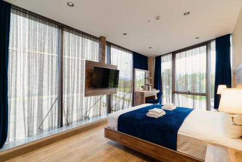 a bedroom with a bed and a tv and large windows at Cozy Loft Hotel in Batumi
