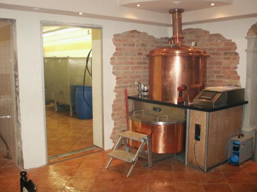 a kitchen with a large copper pot on a counter at Peterwirt in Bad Mitterndorf