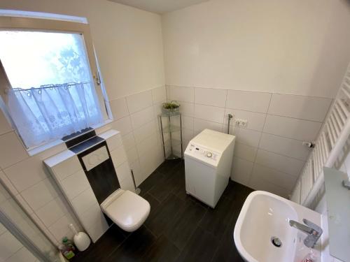 a small bathroom with a toilet and a sink at Monteurunterkunft Nesselröden in Duderstadt