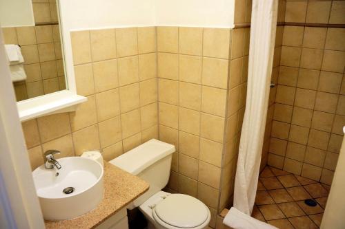 un piccolo bagno con servizi igienici e lavandino di L'Esperance Hotel a Philipsburg