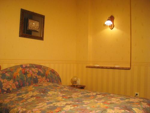 a bedroom with a bed and a lamp on the wall at Landhaus Hotel Romantik in Gotha