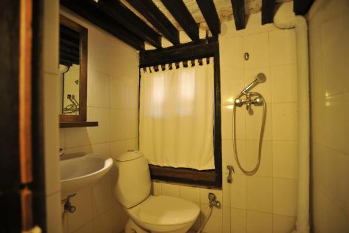 a bathroom with a toilet and a sink and a shower at Peacock Guest House in Bhaktapur