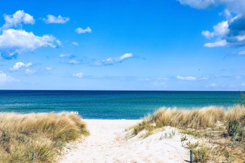 a sandy beach with the ocean in the background at Regenbogen Göhren in Göhren