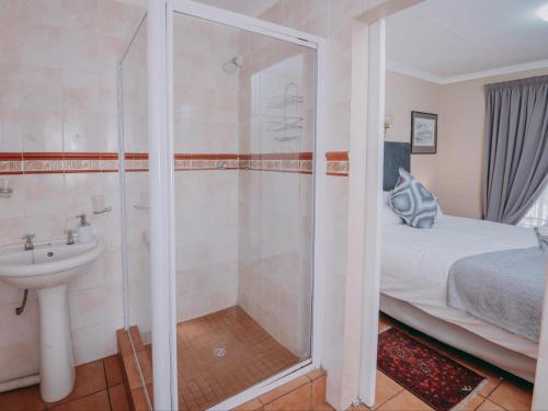 a bathroom with a shower and a bed and a sink at Beesdam Guesthouse in Potchefstroom