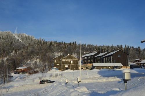 eine Skihütte im Schnee mit schneebedeckten Gebäuden in der Unterkunft Ski Lodge Funäsdalen in Funäsdalen