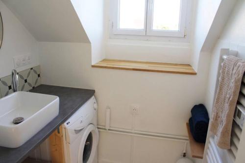 een kleine badkamer met een wastafel en een wasmachine bij Cocon plein centre ville - parking privé in Auxerre