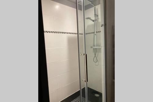 une cabine de douche avec une porte vitrée dans une salle de bain dans l'établissement Boulogne-sur-Mer : très bel appartement de charme, à Boulogne-sur-Mer