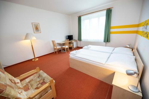 a bedroom with a bed and a desk and a chair at Pension Fontana in Poděbrady