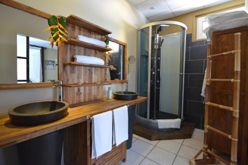 La salle de bains est pourvue d'un lavabo en bois et d'une douche. dans l'établissement Hotel Ylang Ylang, à Saint-Gilles les Bains