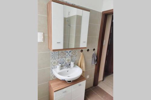 a bathroom with a sink and a mirror at Pláza Apartman - city center, free parking, free wifi in Debrecen