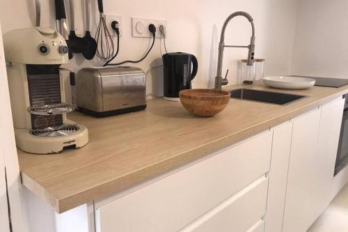 une cuisine avec un comptoir avec un évier et un micro-ondes dans l'établissement Charmante Maison de Pêcheur au coeur de Trouville, à Trouville-sur-Mer