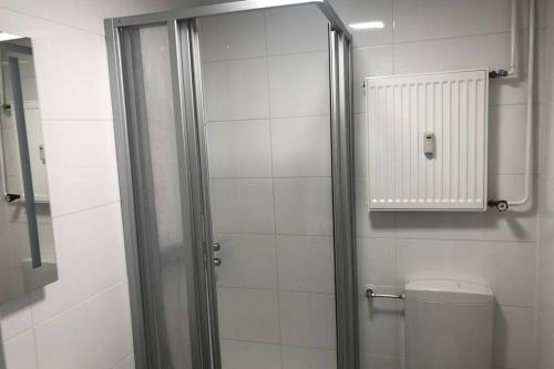 a bathroom with a shower stall and a toilet at Apartment Panoramablick in Böbrach