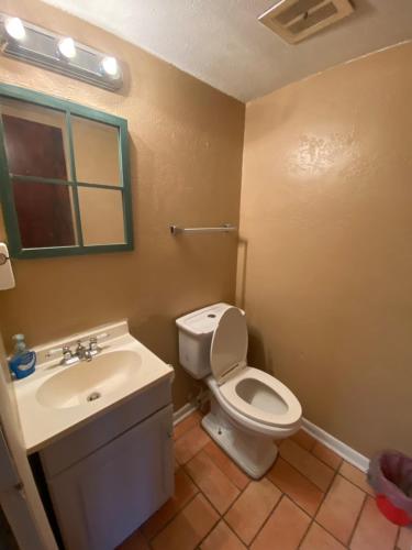 a bathroom with a white toilet and a sink at Va Beach Zen town house in Virginia Beach