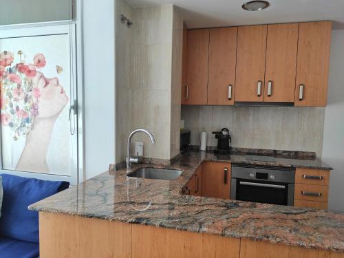 a kitchen with a granite counter top and a sink at APARTAMENTO VALMAYOR in Potes