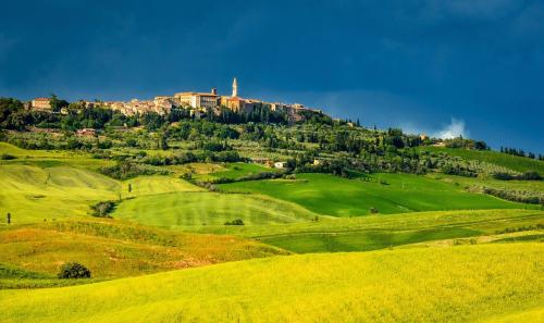 a castle on top of a hill on a green field at Agriturismo Bonello in Pienza