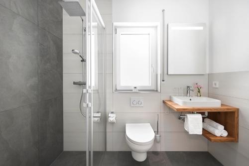 a bathroom with a toilet and a sink and a shower at Landgasthof Kranz in Ohlsbach