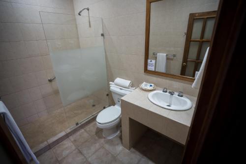 a bathroom with a toilet, sink, and mirror at Parador San Agustin in Oaxaca City