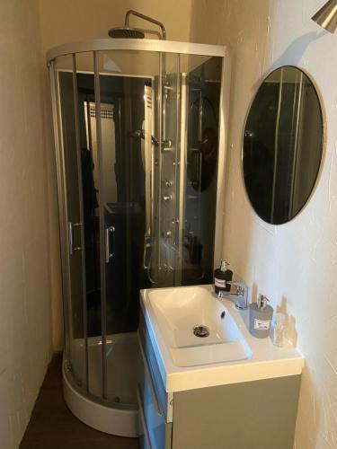 a bathroom with a shower and a sink and a mirror at Appart au 1 etage in Saint-Rémy-sur-Durolle