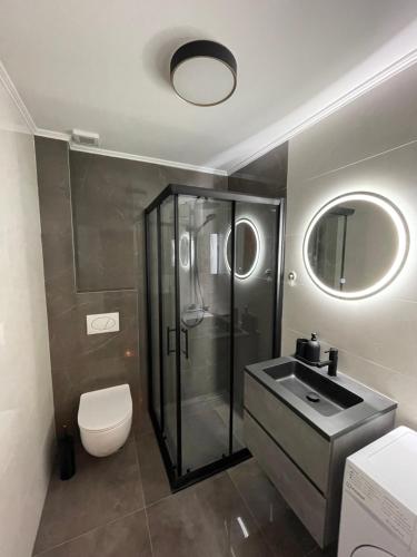 uma casa de banho com um chuveiro, um WC e um lavatório. em Trebinje LUX Apartman sa garažom blizu centra em Trebinje