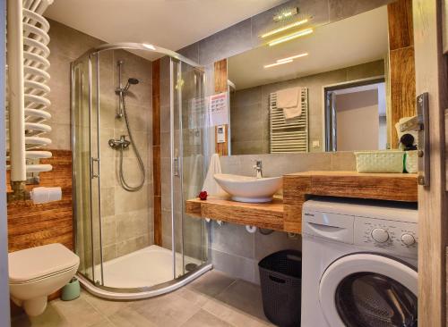 uma casa de banho com um chuveiro, um lavatório e uma máquina de lavar roupa em Apartamenty Perła Szczyrku em Szczyrk