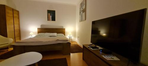 a bedroom with a bed and a flat screen tv at Ida Apartman in Miskolc