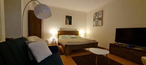 a small living room with a bed and a couch at Ida Apartman in Miskolc