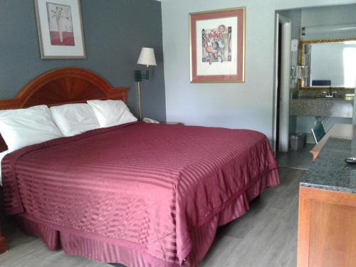 a bedroom with a large bed with a pink bedspread at Budget Inn Anderson in Anderson