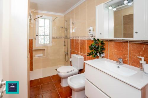 une salle de bain avec toilettes et lavabo dans l'établissement Pino Apartment, Montaña La Data, à San Bartolomé