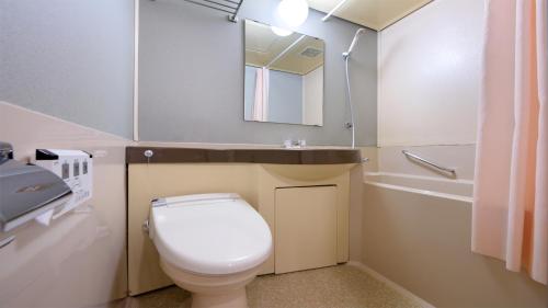 W łazience znajduje się toaleta, umywalka i lustro. w obiekcie Hotel Sakuranbo w mieście Yamagata
