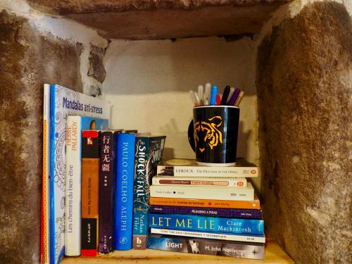 uma pilha de livros em cima de uma prateleira em Studio Camino Real em Saint-Jean-Pied-de-Port