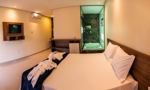 a bedroom with a bed with a tv and a mirror at Vila da Mata Chalés in Alto Paraíso de Goiás