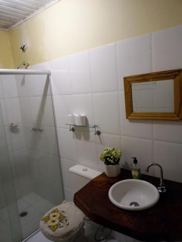 Un baño con ducha, lavabo e inodoro. en Cantinho Paraíso da Mantiqueira SFX pet friendly, en São Francisco Xavier