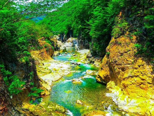 a river in the middle of a mountain with green water at Lake Side Nikko Hotel in Nikko