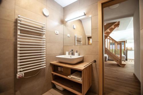 a bathroom with a sink and a mirror at Apartments Izvir in Bohinj