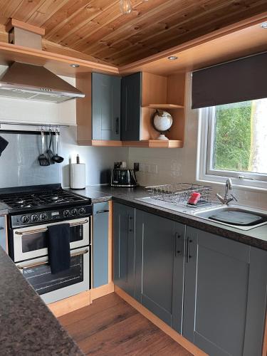 a kitchen with gray cabinets and a stove top oven at Percy Wood Lodges with Hot Tubs in Swarland
