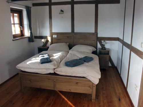 ein Bett mit zwei Kissen auf einem Zimmer in der Unterkunft Ferienwohnung Koppelblick in Pfarrweisach