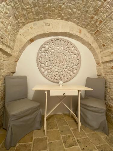 a table and two chairs in front of a stone wall at Trulli Antichi Mestieri - Widespread Trulli in the historic center in Alberobello