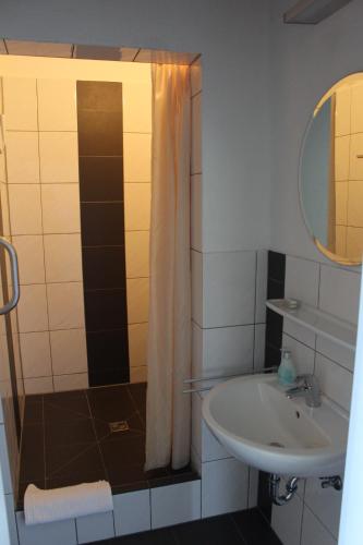 La salle de bains est pourvue d'un lavabo et d'une douche avec un miroir. dans l'établissement World House Wetten, à Kevelaer