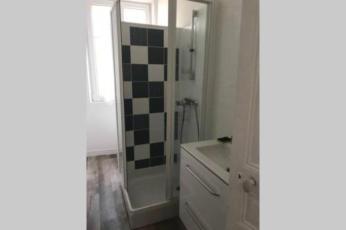 a white bathroom with a shower and a sink at Maison privée "La Coudanne" piscine, tennis, parking in Saint-Georges-Motel