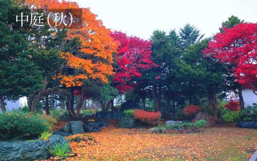 a garden with colorful trees with leaves on the ground at 華明の宿 in Ebetsu